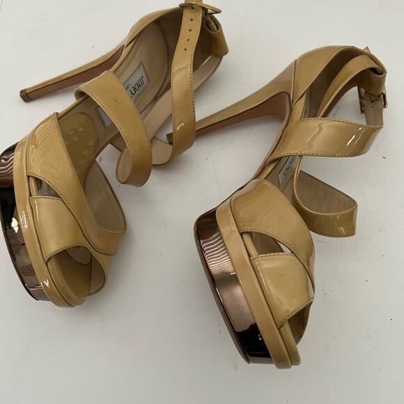 JIMMY CHOO LONDON KUKI BEIGE PATENT‎ LEATHER SANDALS MADE IN ITALY SIZE 38 1/2 - Picture 4 of 11